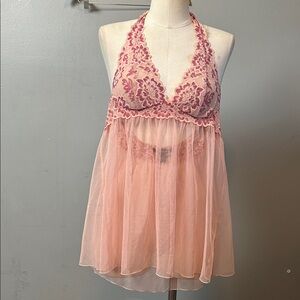 victoria's secret 2012 pink mesh & lace halter babydoll size small